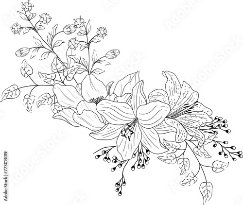 Hand drawn lily floral arrangement with leaves and branches.