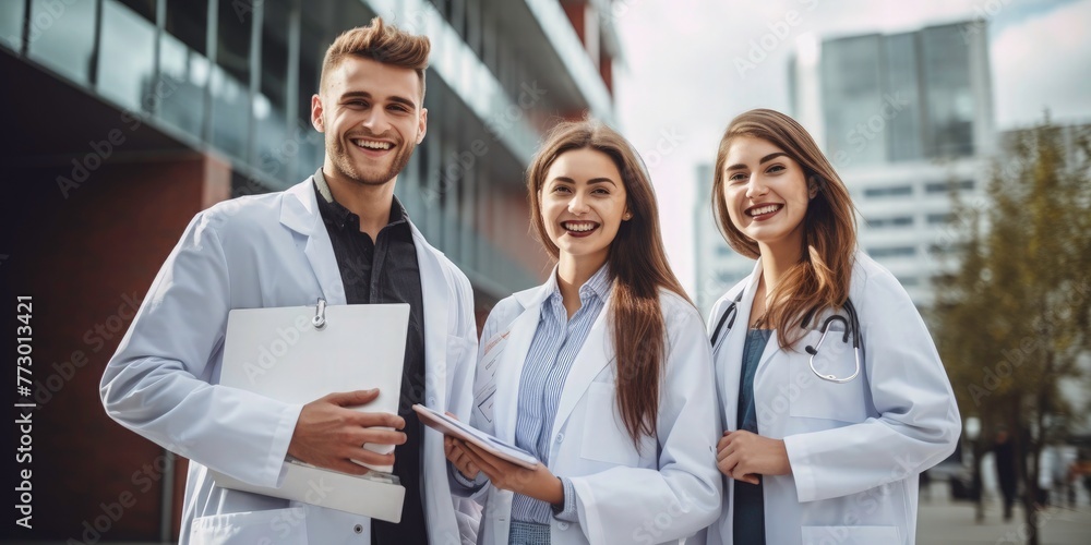 Fototapeta premium A portrait of three smiling young doctors standing in front, one holding medical records and wearing white coats, with a modern hospital background, in the style of professional photography.
