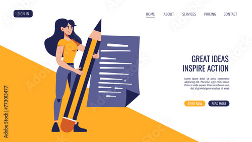 Woman with huge pencil and written sheet. Flat style vector illustration for banner, website. Education, knowledge, studying concept.