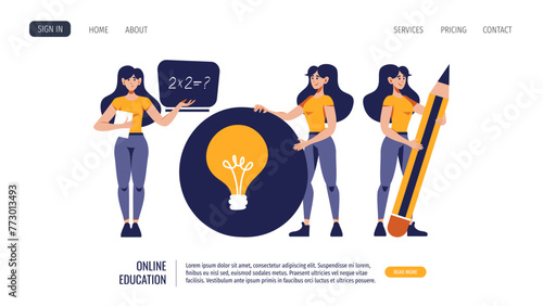 Women with huge pencil, bulb icon, blackboard. Flat style vector illustration for education, knowledge, studying, teaching, creating concept.