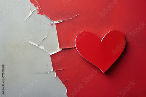 A bold red heart breaking through a white and grey surface, representing emerging love or strong emotions. Red Heart Breaking Through Surface photo