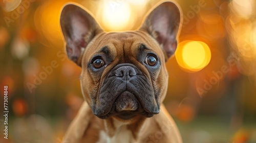 Portrait of a French Bulldog against a blurred autumnal backdrop