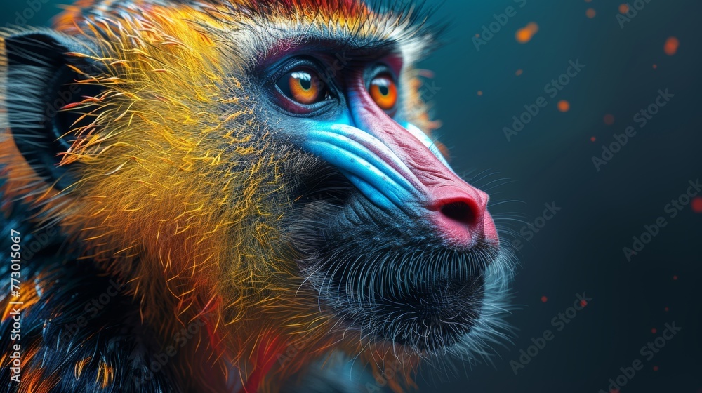 Vivid portrait of a colorful mandrill - obrazy, fototapety, plakaty 