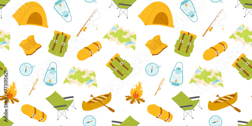 Seamless pattern with yellow camping tent, canoe and fishing rod isolated on white background