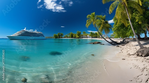 a beach with palm trees and a cruise ship