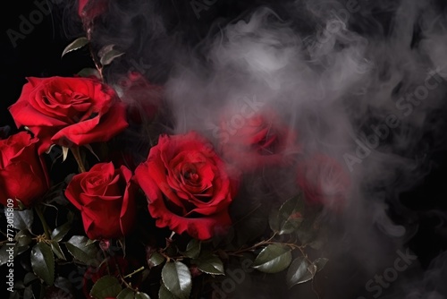 A bouquet of red roses veiled in soft smoke, creating a sensual and mysterious atmosphere. Sensual Red Roses in Soft Smoke