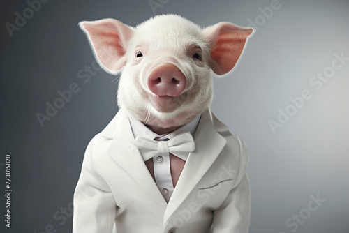 A lovable baby pig dressed in an elegant suit, grinning happily against a clean white background.