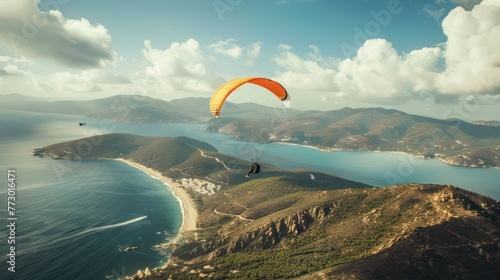 A person skydiving over scenic coastal views.