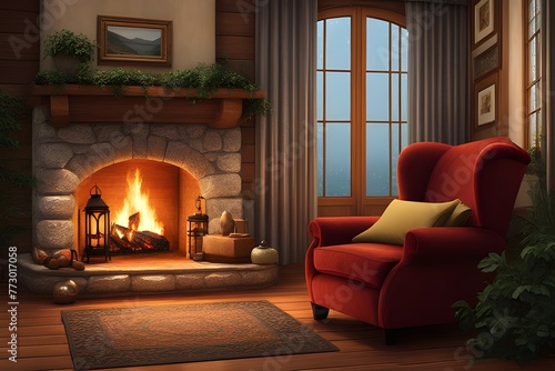 The fireplace and armchair