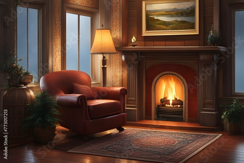 The fireplace and armchair