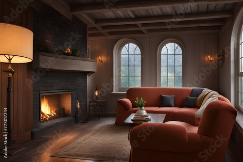 The fireplace and armchair