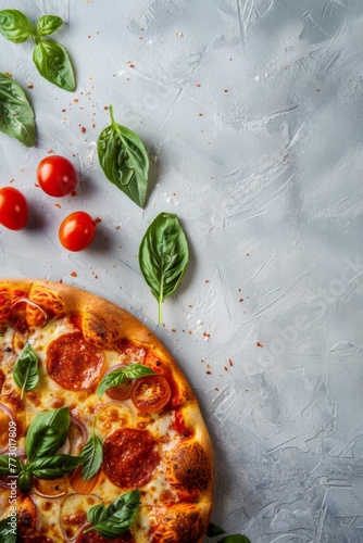 Top view of pizza with free space for text