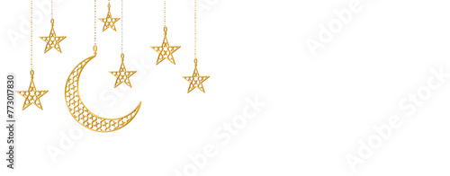 Golde line art decoration in arabic style. Icons of hanging crescent and stars isolated. Traditional islamic symbols, garland. Great for muslim holidays, Ramadan or Al-Adha.