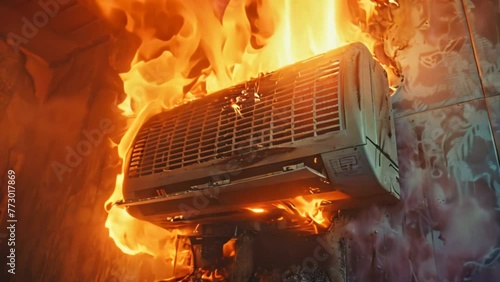 Short circuit in air conditioning equipment Broken, damaged, fire, temperature control, ventilation system.