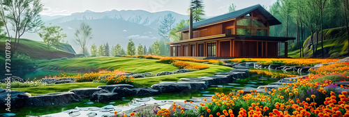 Vibrant landscape painting capturing the essence of a green mountainous region under a blue sky, evoking a sense of tranquility
