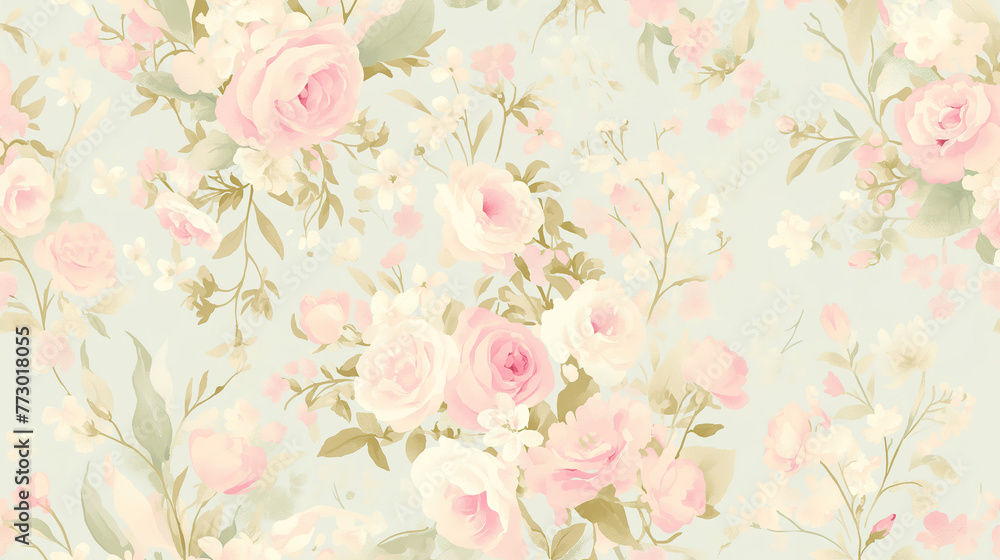 Vintage floral pattern wallpaper in pastel pink and beige roses, pale green leaves, light blue background.