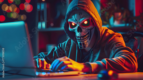 Anonymous robot hacker with skull mask typing computer laptop. Concept of hacking cybersecurity, cybercrime,