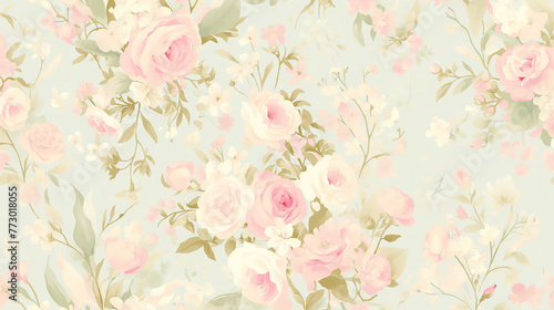 Vintage floral pattern wallpaper in pastel pink and beige roses, pale green leaves, light blue background. © Ron