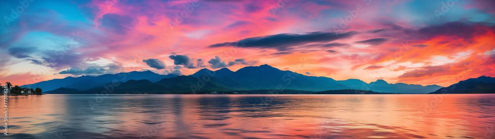Dramatic Vibrant Sunset Over Lake with Mountain Silhouette Dramatic Vibrant Sunset Over Lake with Mountain Silhouette