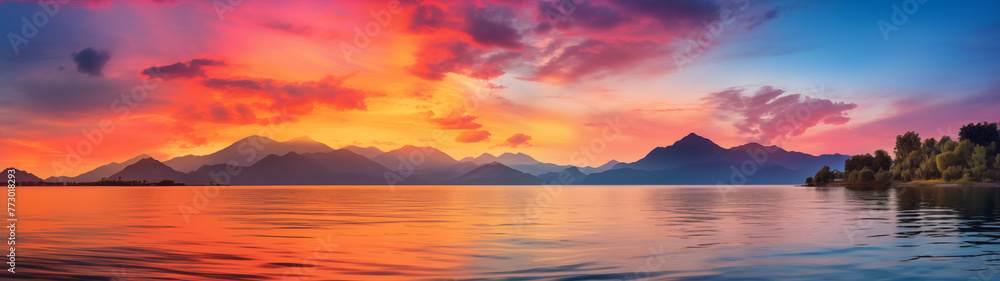 Breathtaking Sunset Over Mountain Lake with Vivid Sky