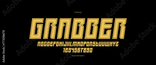 Bold italic sans serif display font for logos headers or slogans, vector thick and heavy geometric typeface, uppercase letters alphabet with numbers, poster and advertising.