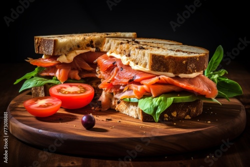 Fresh salmon sandwich on wooden platter, ideal for a nutritious fish breakfast concept photo