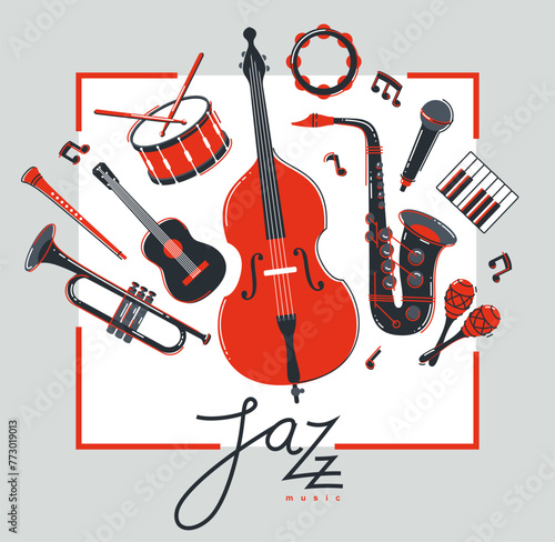 Jazz music band poster different instruments vector flat illustration, live sound festival or concert advertising flyer or banner, play different instruments orchestra.