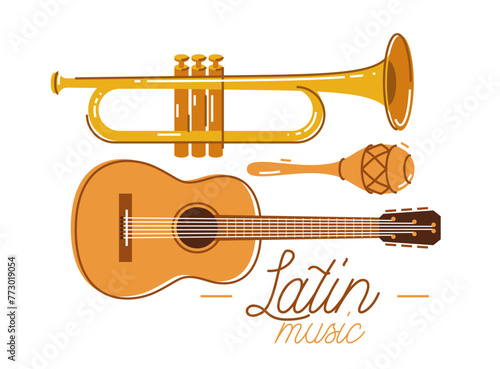 Latin music emblem or logo vector flat style illustration isolated, acoustic guitar logotype for recording label or studio or musical band.