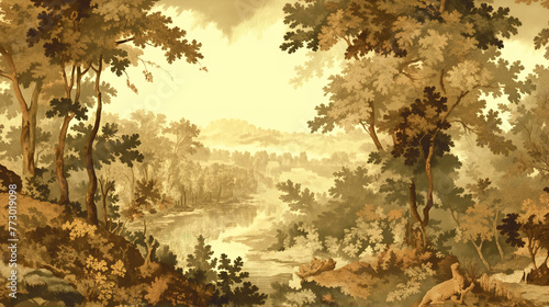 Vintage wallpaper from the Renaissance era depicting an idyllic landscape with trees and a river in sepia tones