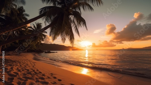 Island palm tree sea sand beach. Panoramic beach landscape. Inspire tropical beach seascape horizon. Orange and golden sunset sky