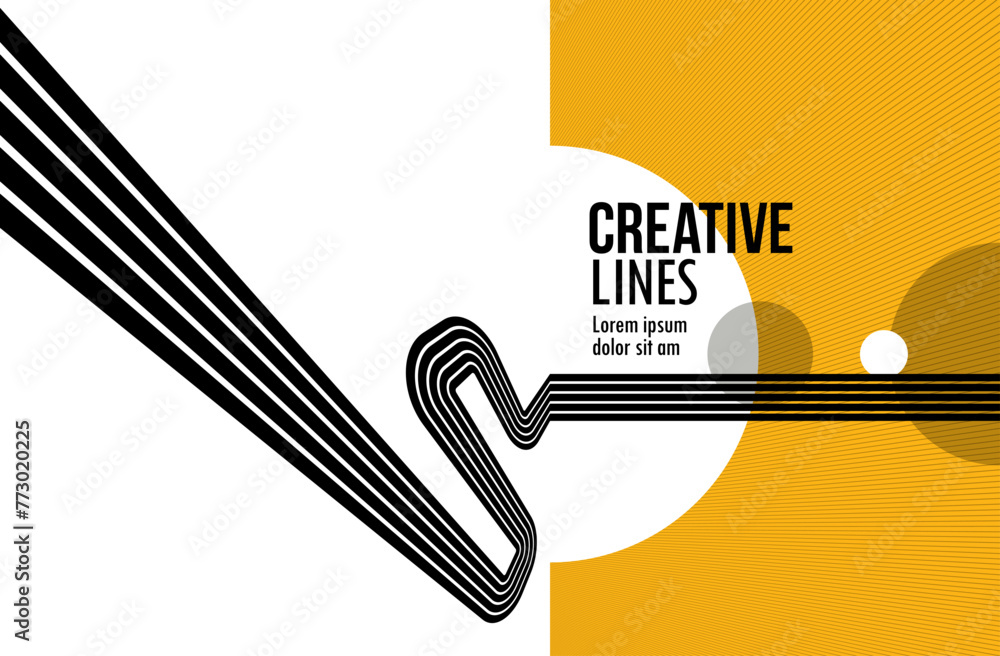 3D black and yellow lines in perspective abstract vector background, linear perspective illustration op art. - obrazy, fototapety, plakaty 