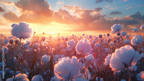 Cotton field during sunset, cotton flowers