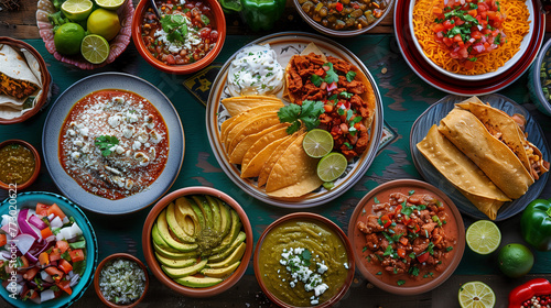 Traditional mexican food on a table, variety of dishes