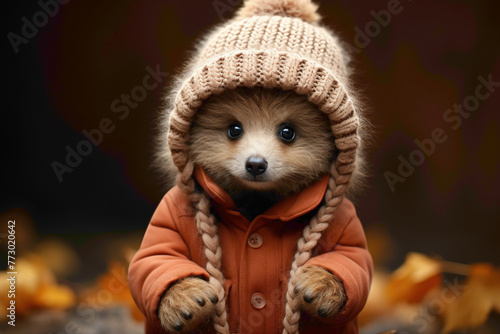 A little brown bear cub wearing a trendy beanie, standing on its hind legs against a warm brown backdrop.