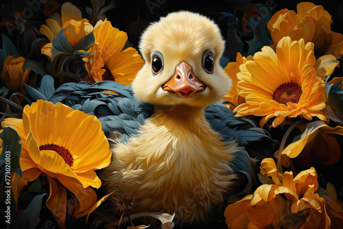 A joyful yellow duck surrounded by vibrant sunflowers, the bright yellow of the duck harmonizing with the bold yellows of the flowers, creating a cheerful and lively composition.
