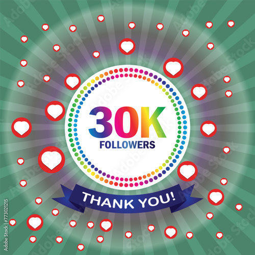 30k followers thank you card with hearts and ribbon. Vector illustration. Suitable for social sites post, greeting card