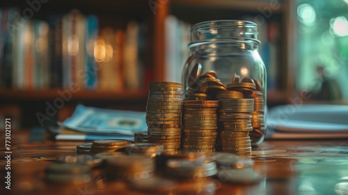 Glass jar with coins stack, savings concept