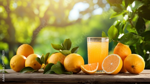 Freshly squeezed juice on outdoor wooden table with orange trees backdrop, space for text