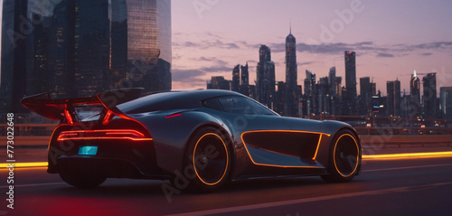 Futuristic sports car with neon glowing shiny luxury cyberpunk city background generative AI 