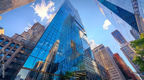 Modern urban marvel: gleaming glass facades of skyscrapers and corporate towers in the business district