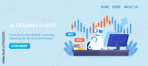 Artificial intelligence, robot trader. Trading bot analyze cryptocurrency market data, financial exchange, earning profit. AI for automation trading on stock market