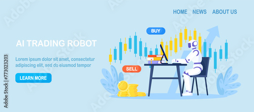 Artificial intelligence, robot trader. Trading bot analyze cryptocurrency market data, financial exchange, earning profit. AI for automation trading on stock market