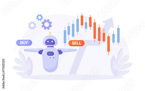 Artificial intelligence, robot trader. Trading bot analyze cryptocurrency market data, financial exchange, earning profit. AI for automation trading on stock market