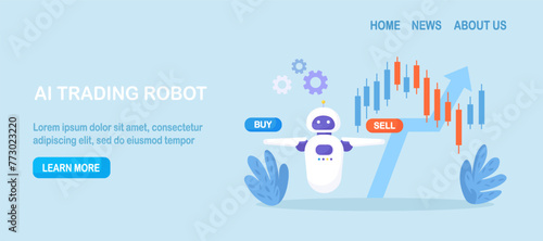 Artificial intelligence, robot trader. Trading bot analyze cryptocurrency market data, financial exchange, earning profit. AI for automation trading on stock market