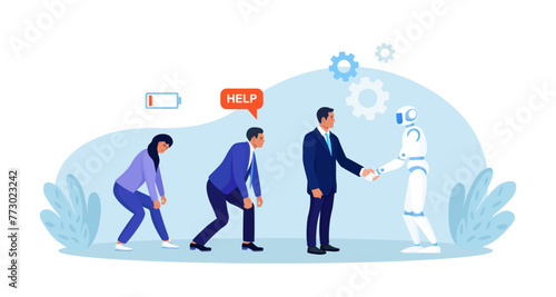 Artificial intelligence handshaking with businessman. Business automation. High productivity AI robot works efficiency. Automation or robotic assistance. Future cooperation, technology advance