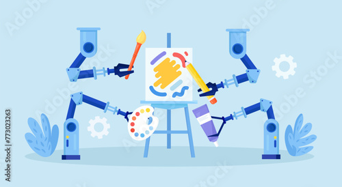 Robot painting to create artwork. Artificial intelligence generating stunning works of art. AI technologies in hobbies. Robotic arm create a painting art controlled by a computer algorithm