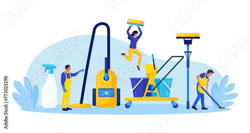 Cleaning service or company. Janitors in uniform with mop and bucket of cleaning agent. Characters dusting, mopping floor and tidying up. Professional hygiene service for domestic households
