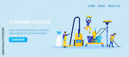 Cleaning service or company. Janitors in uniform with mop and bucket of cleaning agent. Characters dusting, mopping floor and tidying up. Professional hygiene service for domestic households