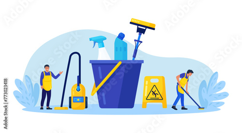 Cleaning service or company. People doing housework. Janitor in uniform washing floor. Professional hygiene service for domestic households. Sanitary chemical products for laundry, floor, toilet