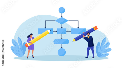 Business people drawing workflow process diagram. Businessmen creating optimization scheme, flowchart to get result. Strategy to implement concept. Strategic planning. Business plan